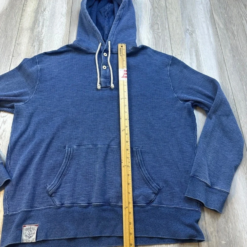 Polo Ralph Lauren Mens Blue Waffle Knit Henley Hoodie Vintage Thermal Large